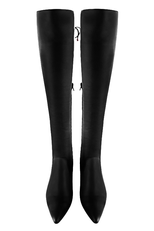 Satin black women's leather thigh-high boots. Tapered toe. Low flare heels. Made to measure. Top view - Florence KOOIJMAN